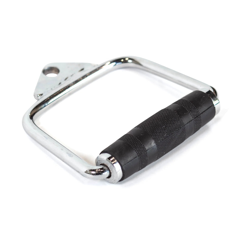 Chrome metal handlebar with black grip on a white background
