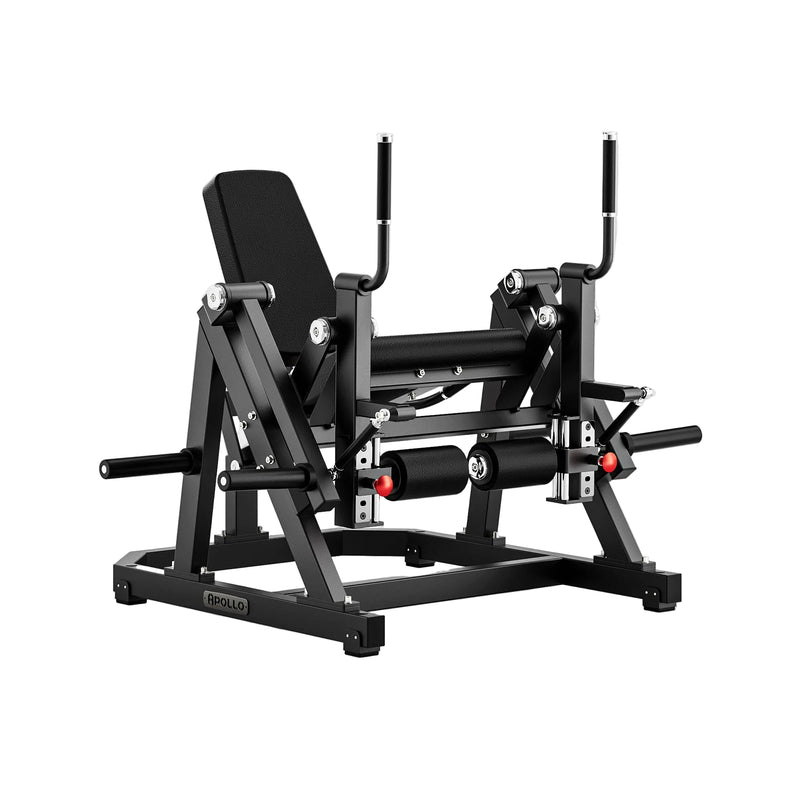 Black leg press gym machine on a white background