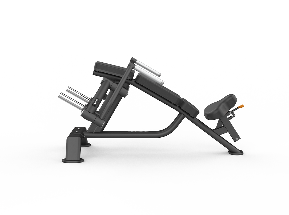 Black leg press machine on a white background