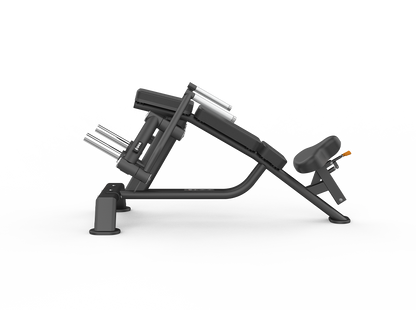 Black leg press machine on a white background