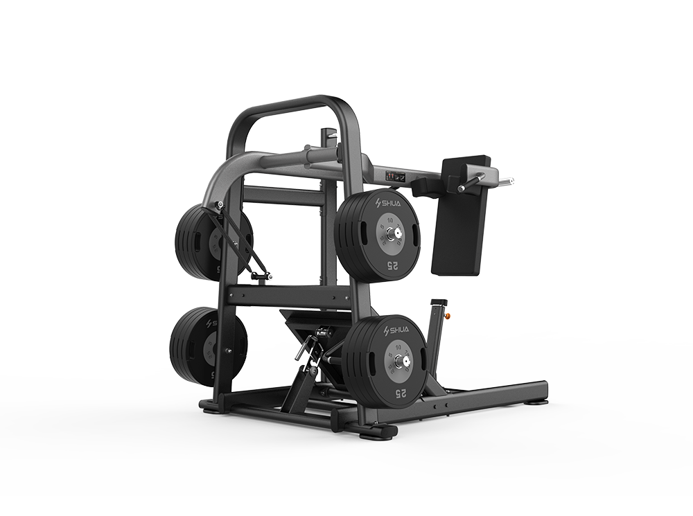 Gym weight machine with weight plates on a white background