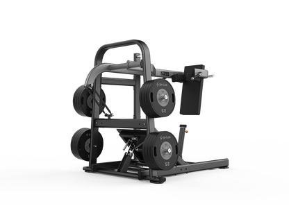 Gym weight machine with weight plates on a white background
