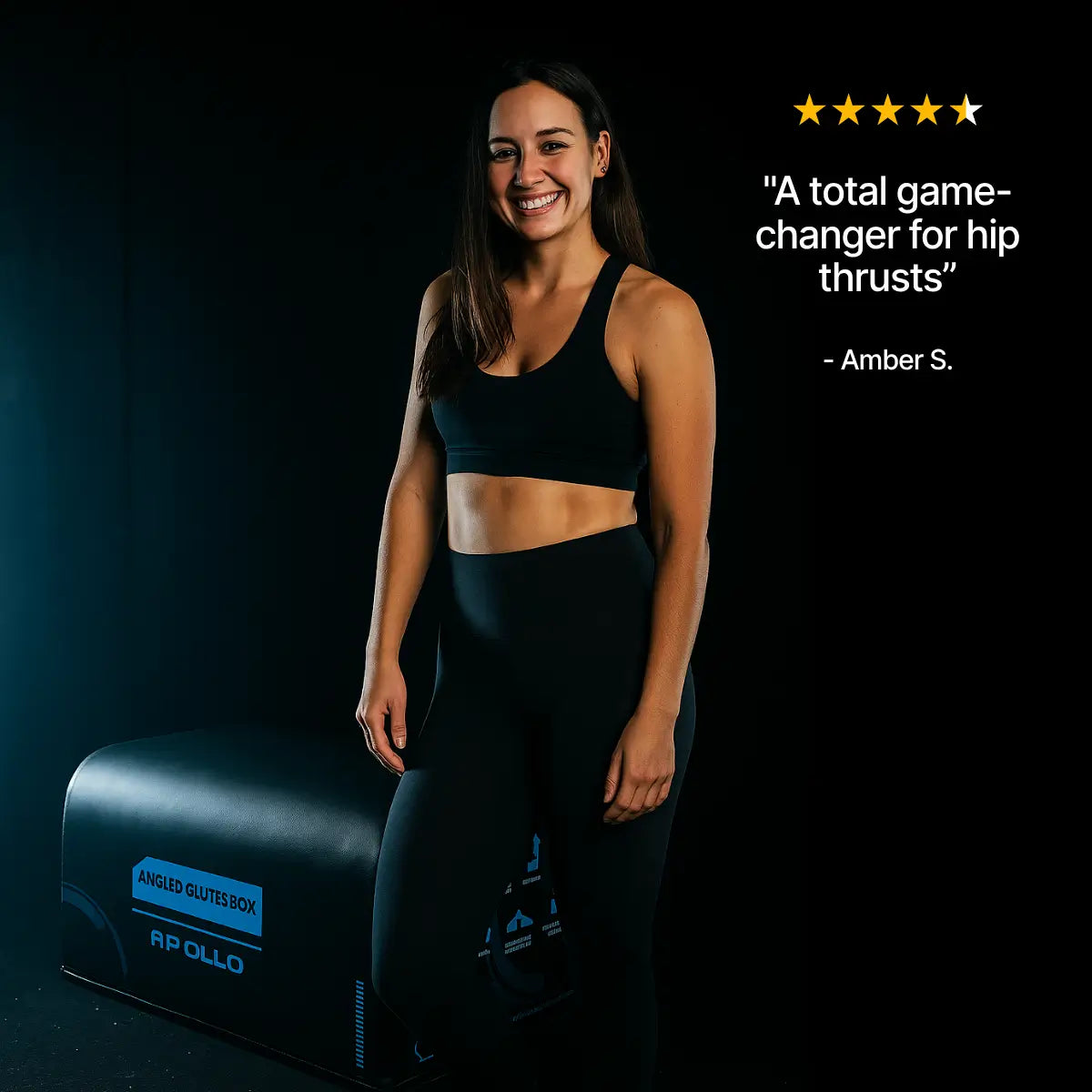Woman in athletic wear standing next to a black exercise device with a five-star rating quote on a dark background.