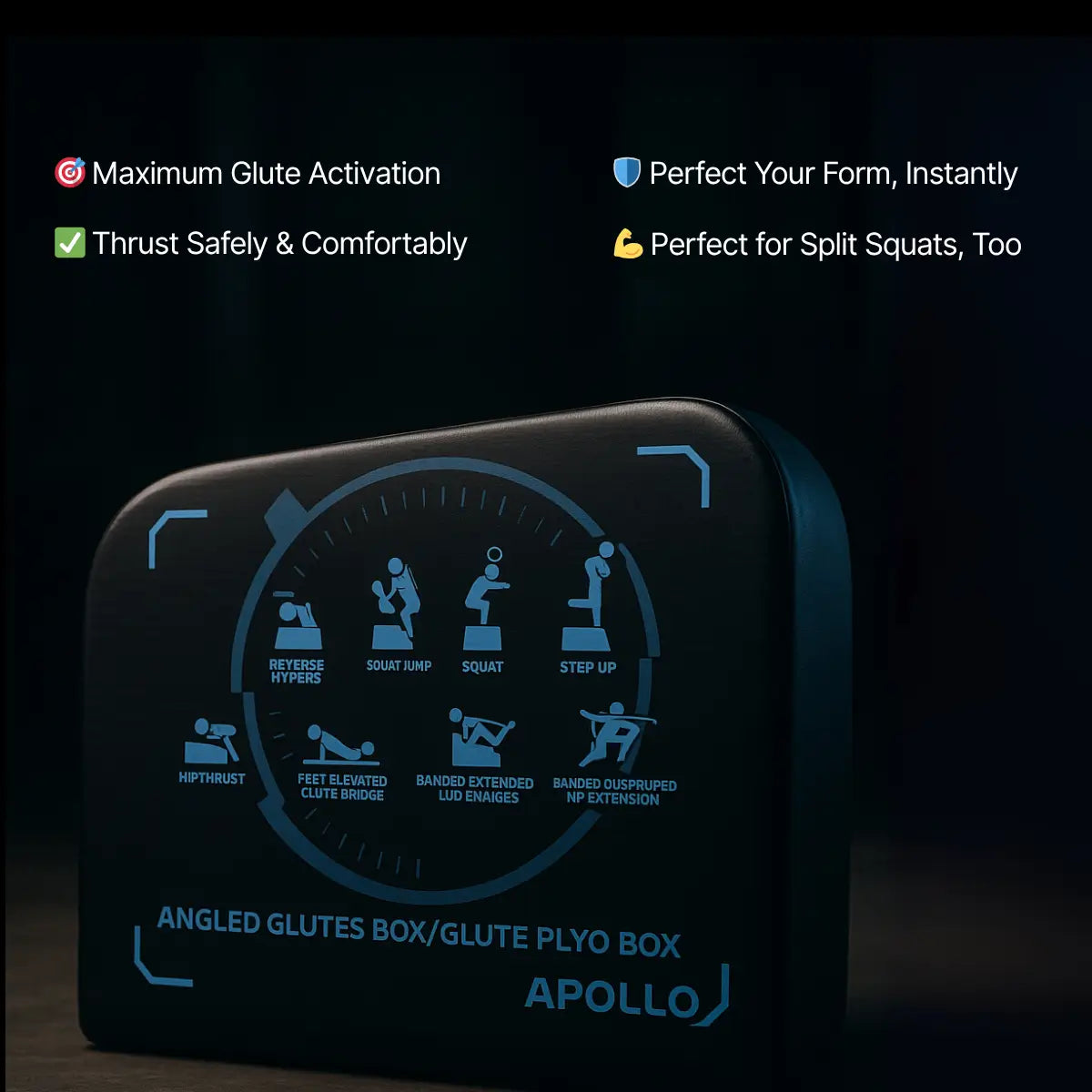 Apollo angled glutes box with glowing blue text on a dark background