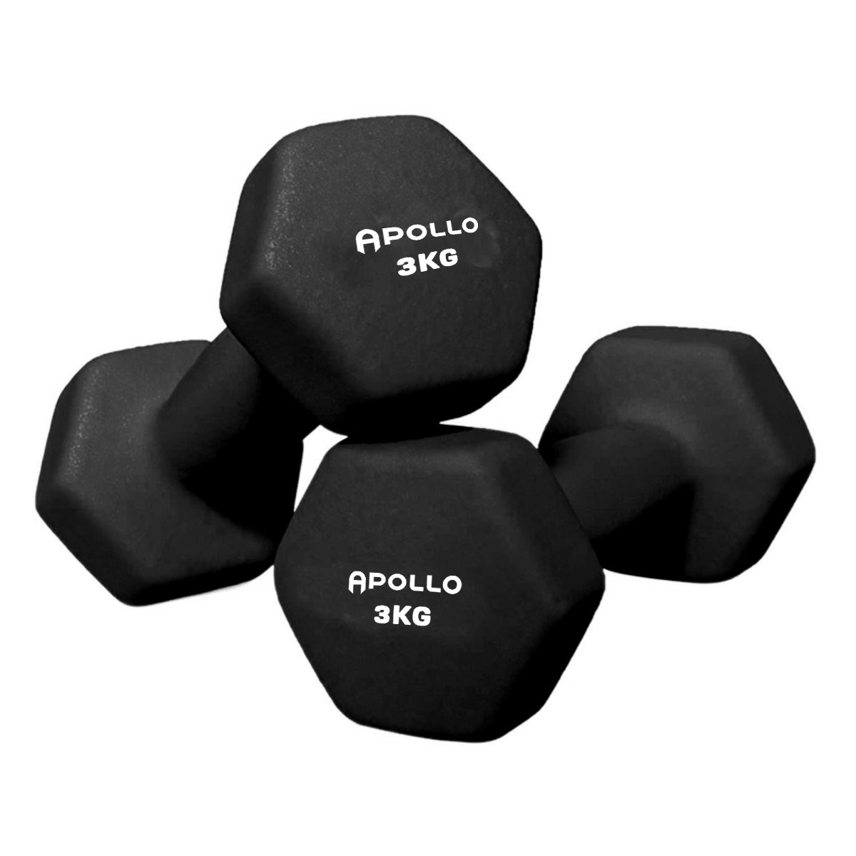 Set of black Apollo dumbbells with '3KG' marking on a white background