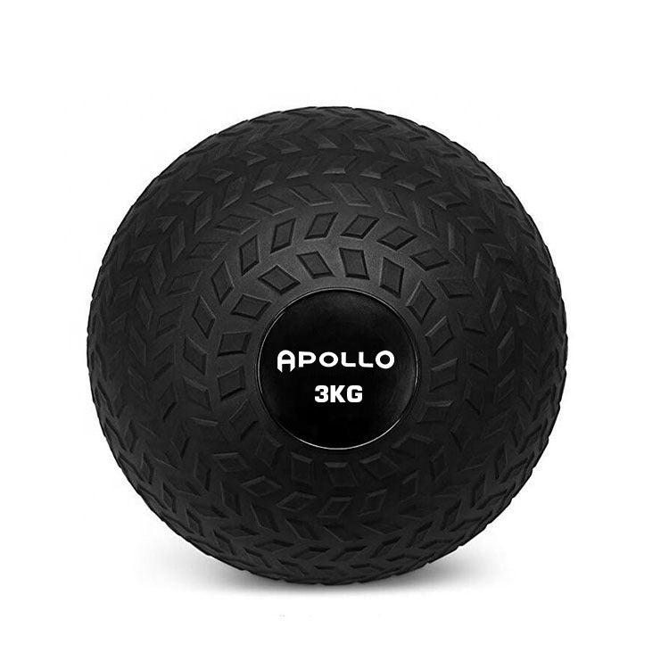 A black slam ball with textured patterns and the brand name 'Apollo' along with the weight '3KG' displayed on it.