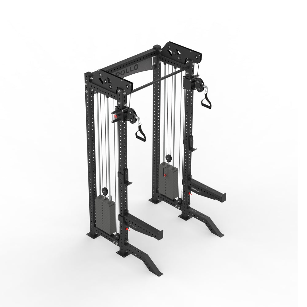 Black cable machine gym equipment on a white background