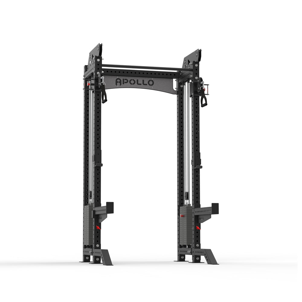 Black power rack with 'Apollo' branding on a white background