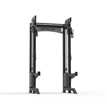 Black power rack with 'Apollo' branding on a white background