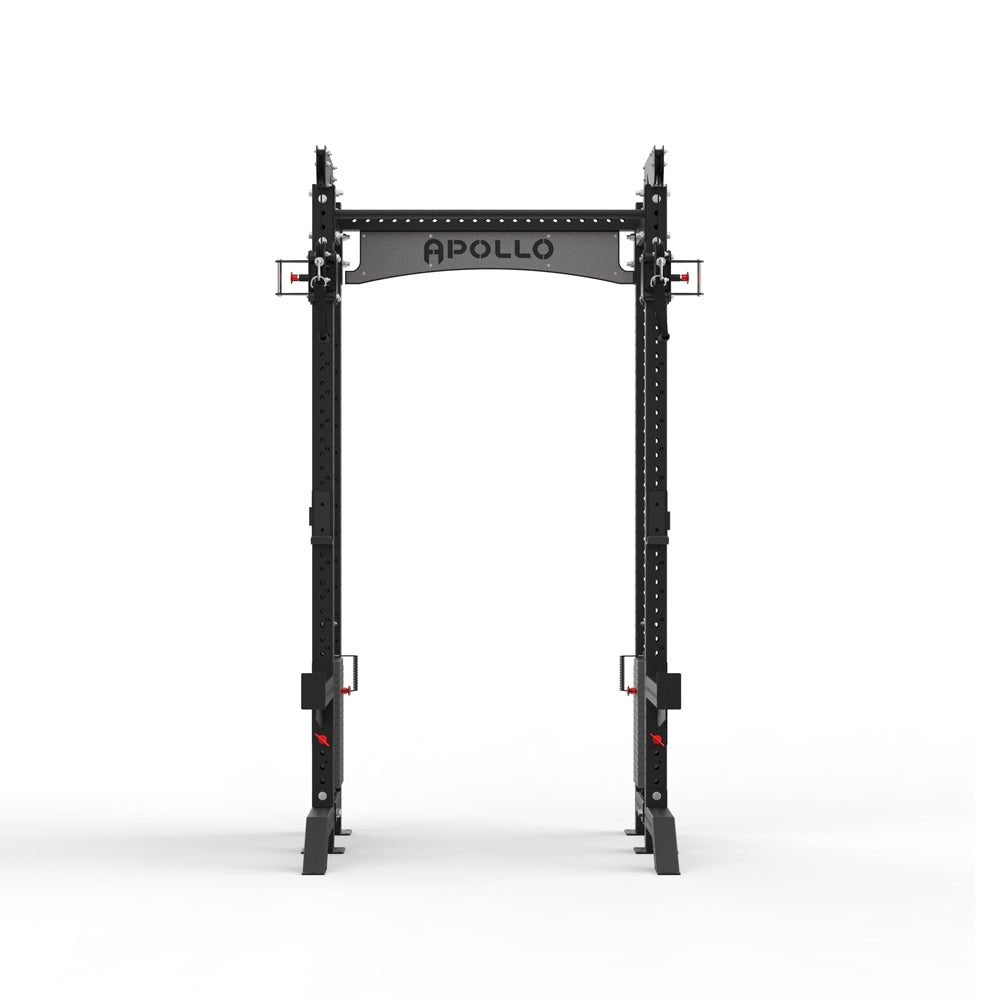 Black power rack with 'Apollo' branding on a white background