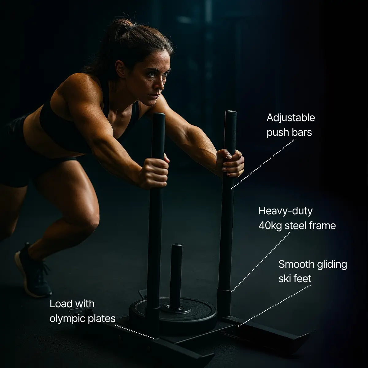 Woman using a fitness training device with text highlighting features on a dark background