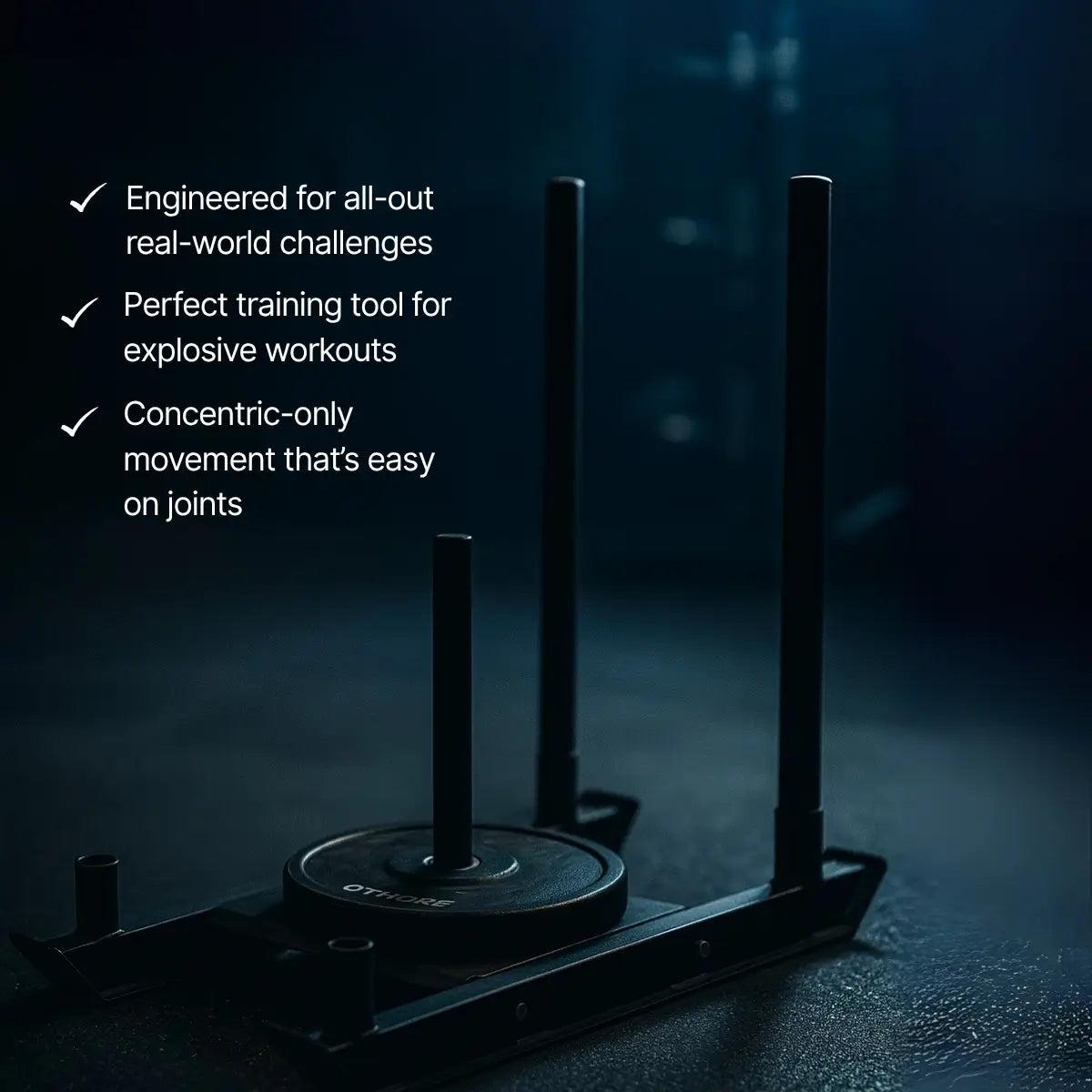 Dark-toned weightlifting machine with text highlighting its features on a dark background