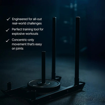 Dark-toned weightlifting machine with text highlighting its features on a dark background