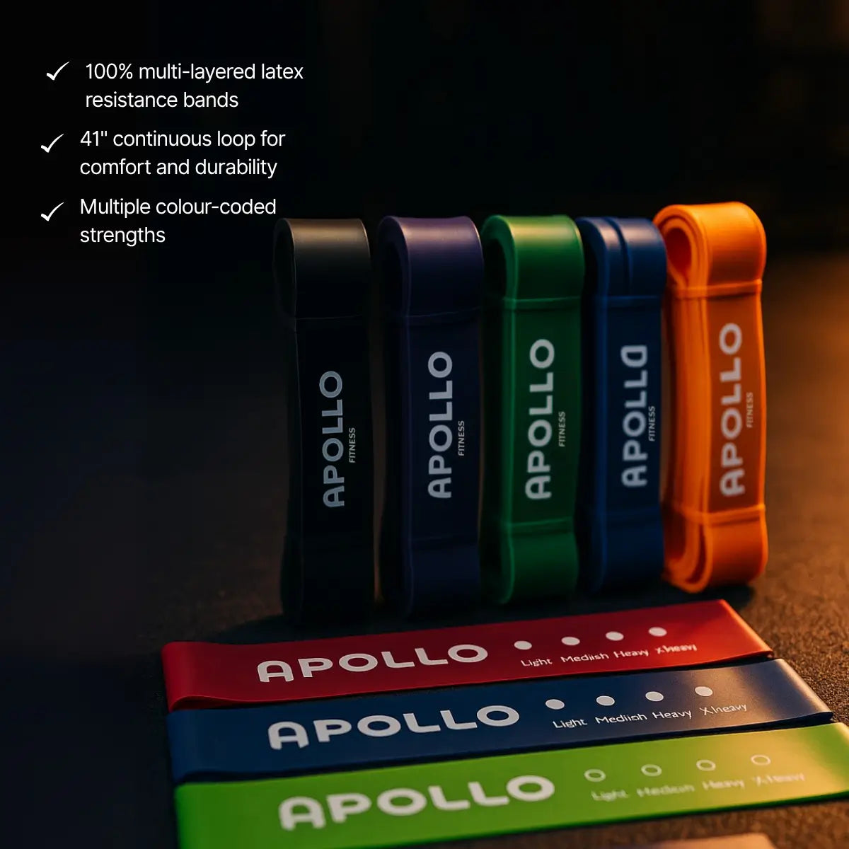 Apollo resistance bands in various colors with product details on a dark background