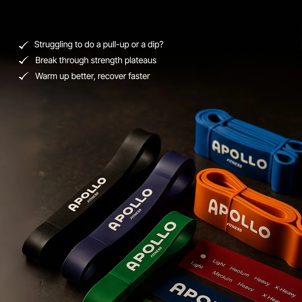 Apollo fitness bands in various colors on a dark background