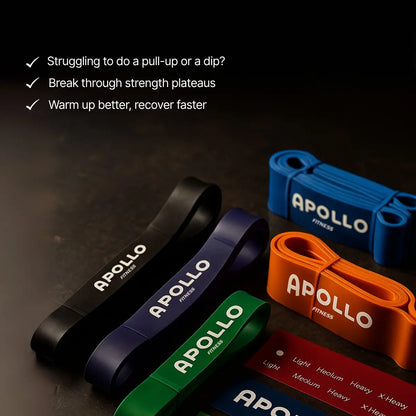 Apollo fitness bands in various colors on a dark background