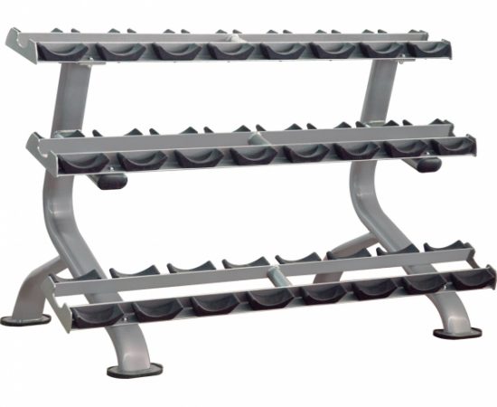 Three-tier metal dumbbell rack on a white background