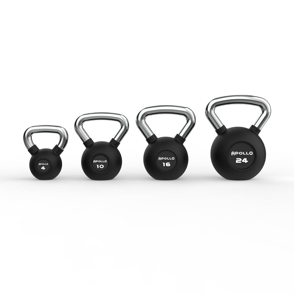 Set of four black kettlebells with silver handles on a white background, branded 'Apollo'.