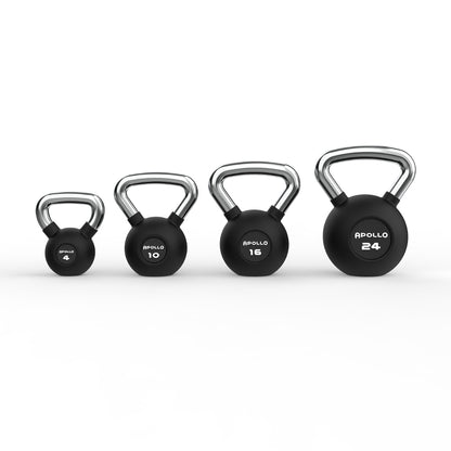 Set of four black kettlebells with silver handles on a white background, branded 'Apollo'.