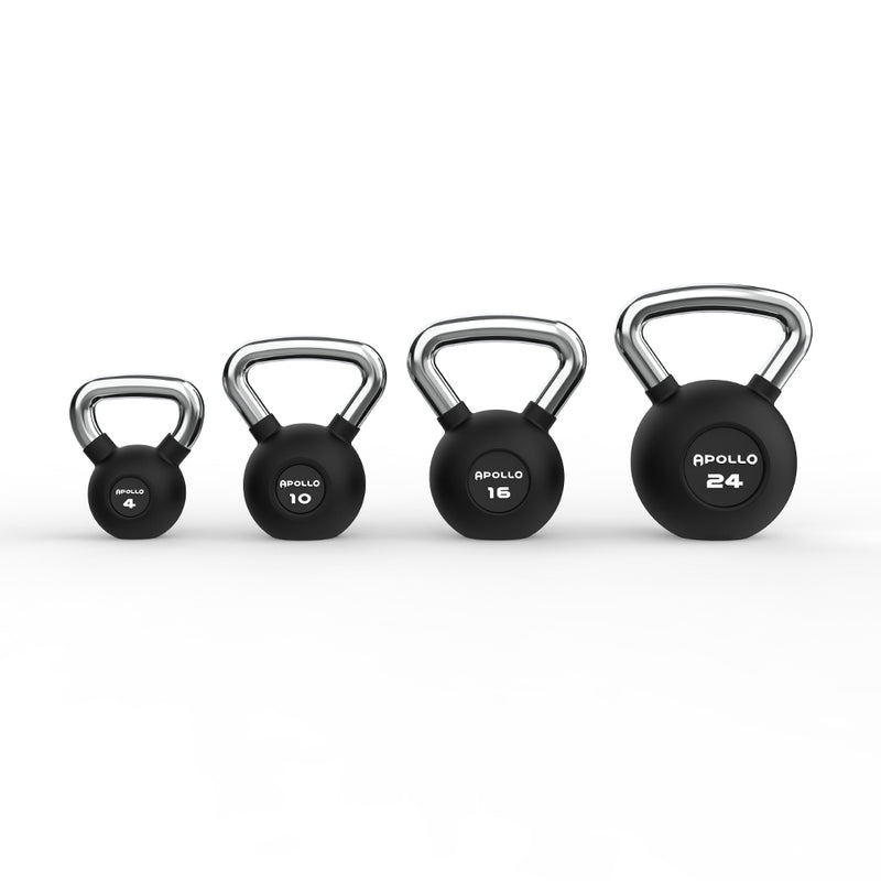 Set of four black kettlebells with silver handles on a white background, branded 'Apollo'.