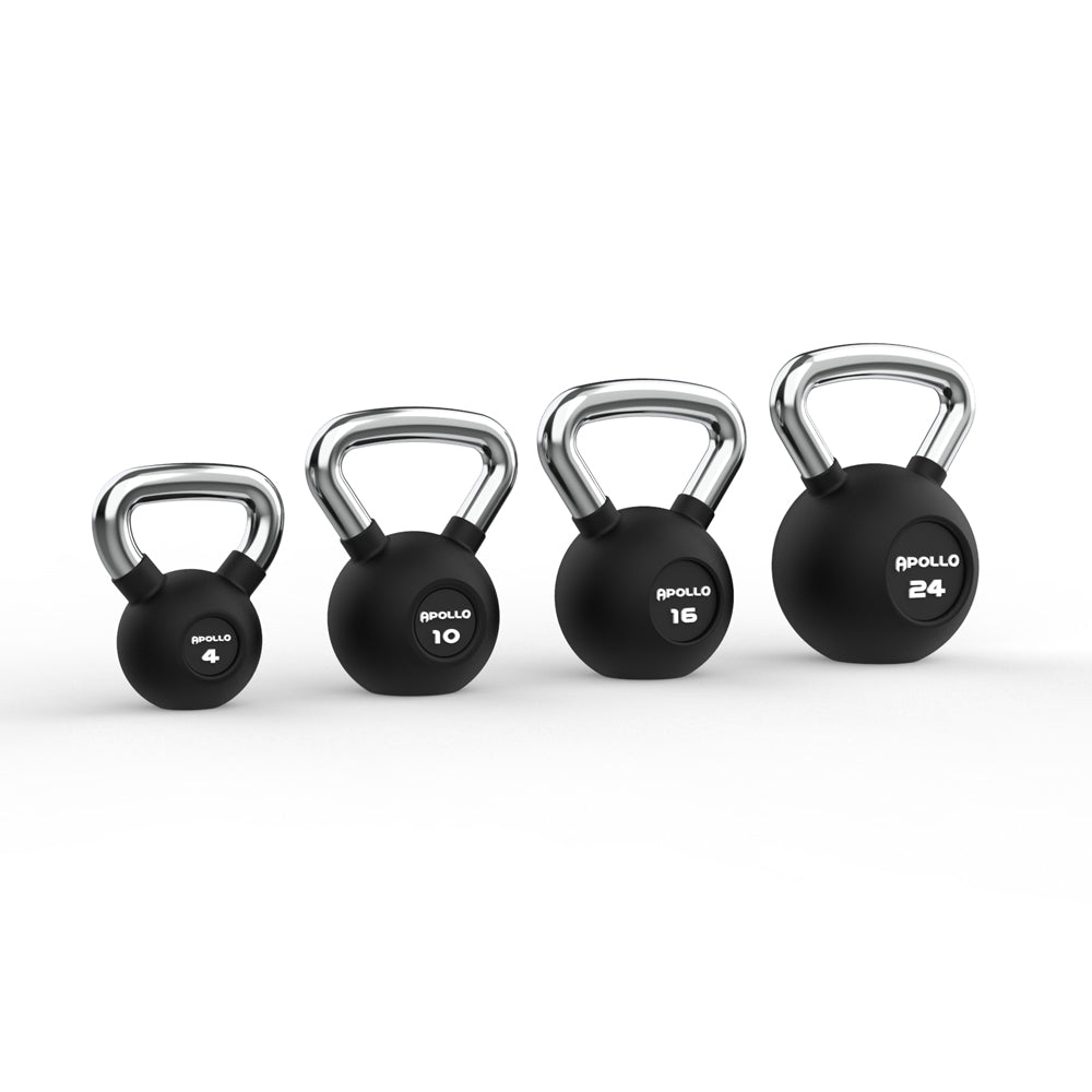 Set of four black kettlebells with chrome handles on a white background, branded 'Apollo'.
