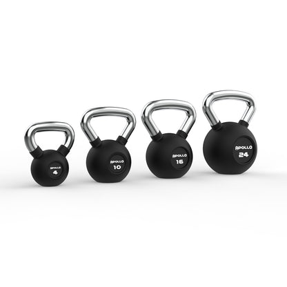 Set of four black kettlebells with chrome handles on a white background, branded 'Apollo'.