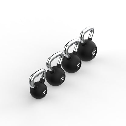 Set of black dumbbells with silver handles on a white background