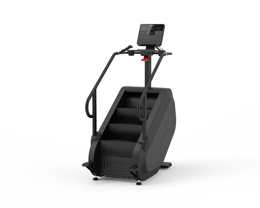 Black step machine with digital display on a white background