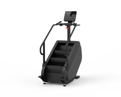 Black step machine with digital display on a white background