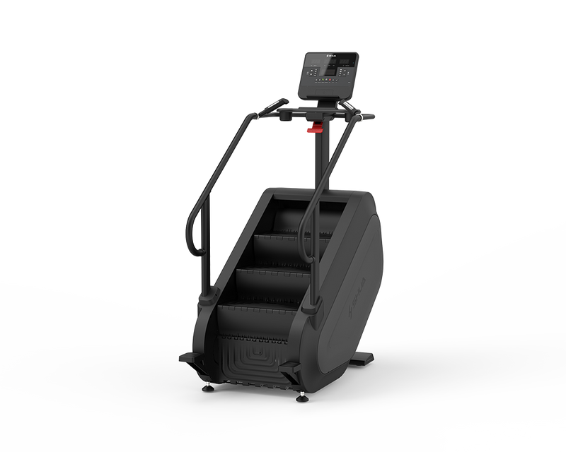 Black step machine with digital display on a white background