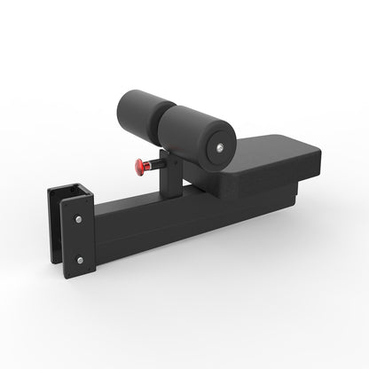 Black metal bracket with cylindrical component on a white background