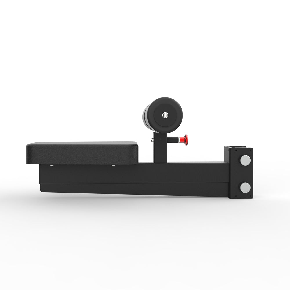 Black metal bracket with a wheel on a white background
