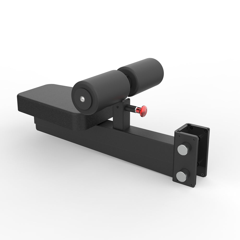 Black metal bracket with cylindrical component on a white background