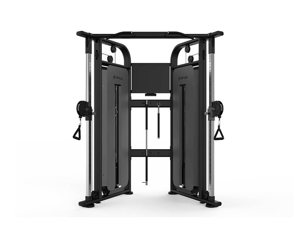 A black adjustable pulley machine designed for fitness and strength training, featuring a sturdy frame and multiple handles.