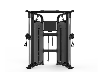A black adjustable pulley machine designed for fitness and strength training, featuring a sturdy frame and multiple handles.