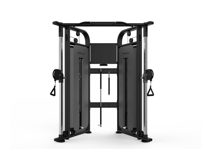 A black adjustable pulley machine designed for fitness and strength training, featuring a sturdy frame and multiple handles.