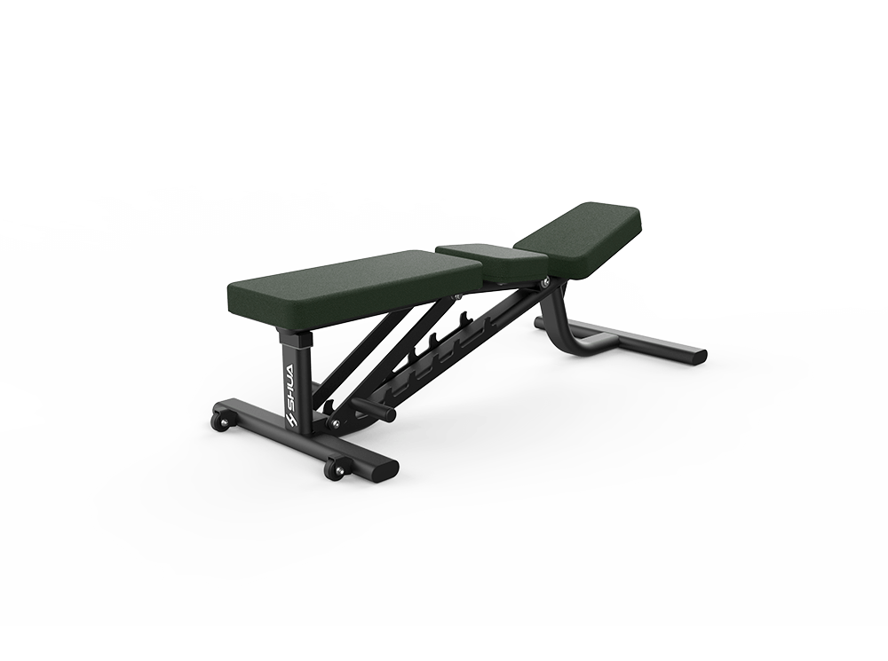 Green weight bench on a white background