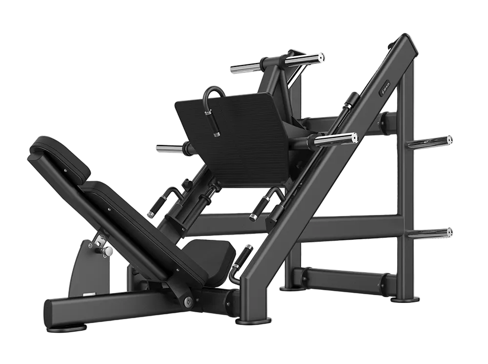 Black leg press machine on a white background
