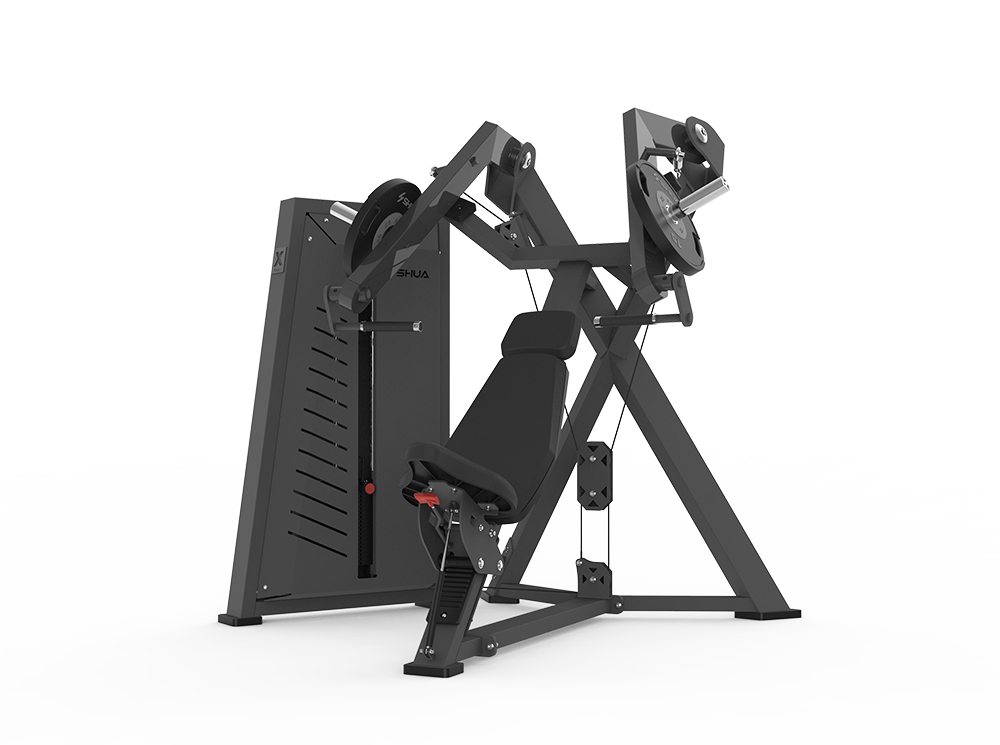 A black chest press machine with a steel wire rope and padded areas for hands and chest.