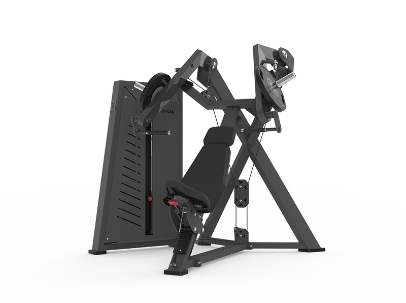 A black chest press machine with a steel wire rope and padded areas for hands and chest.