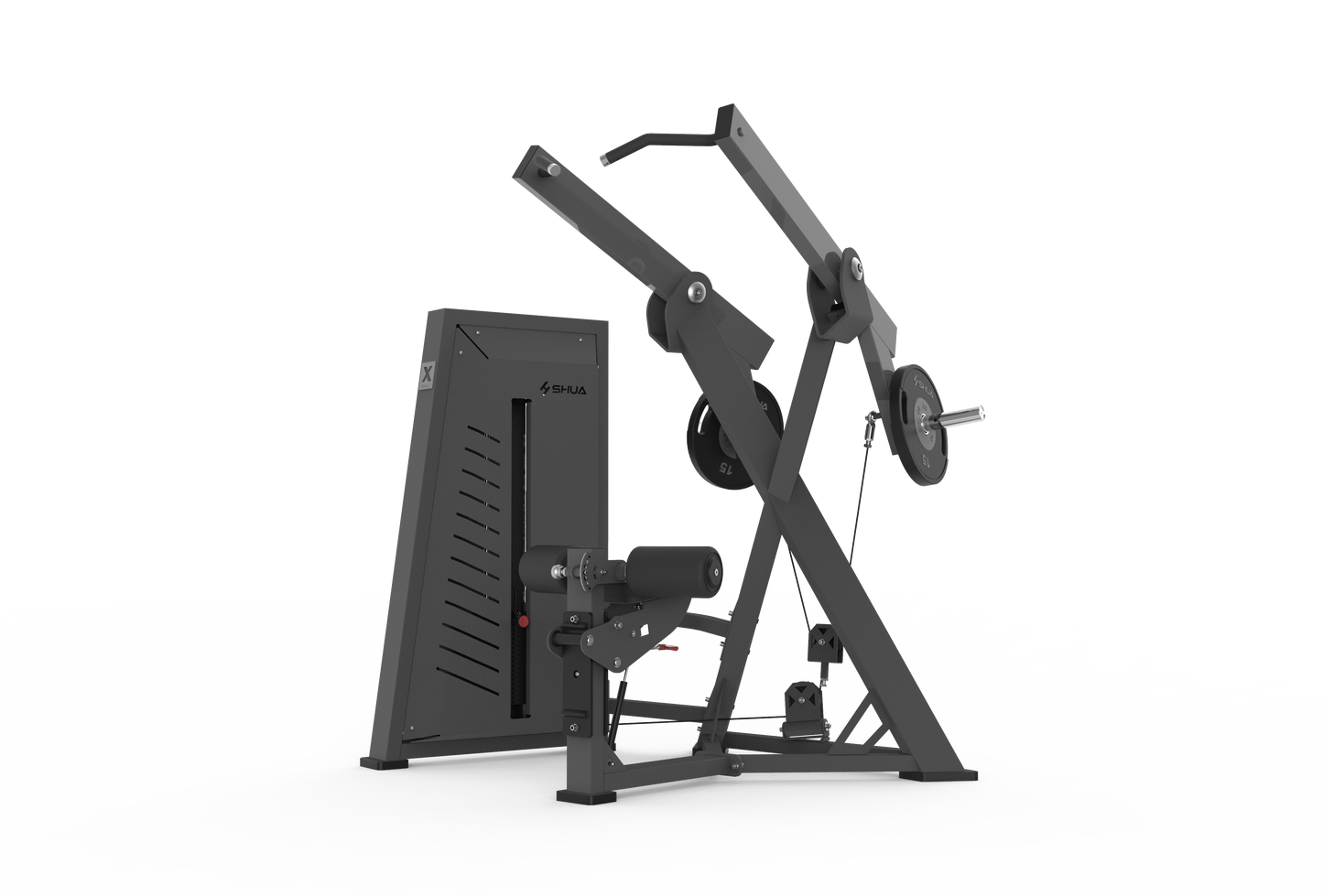 A black seated row machine with a steel frame and cables, designed for muscle building.