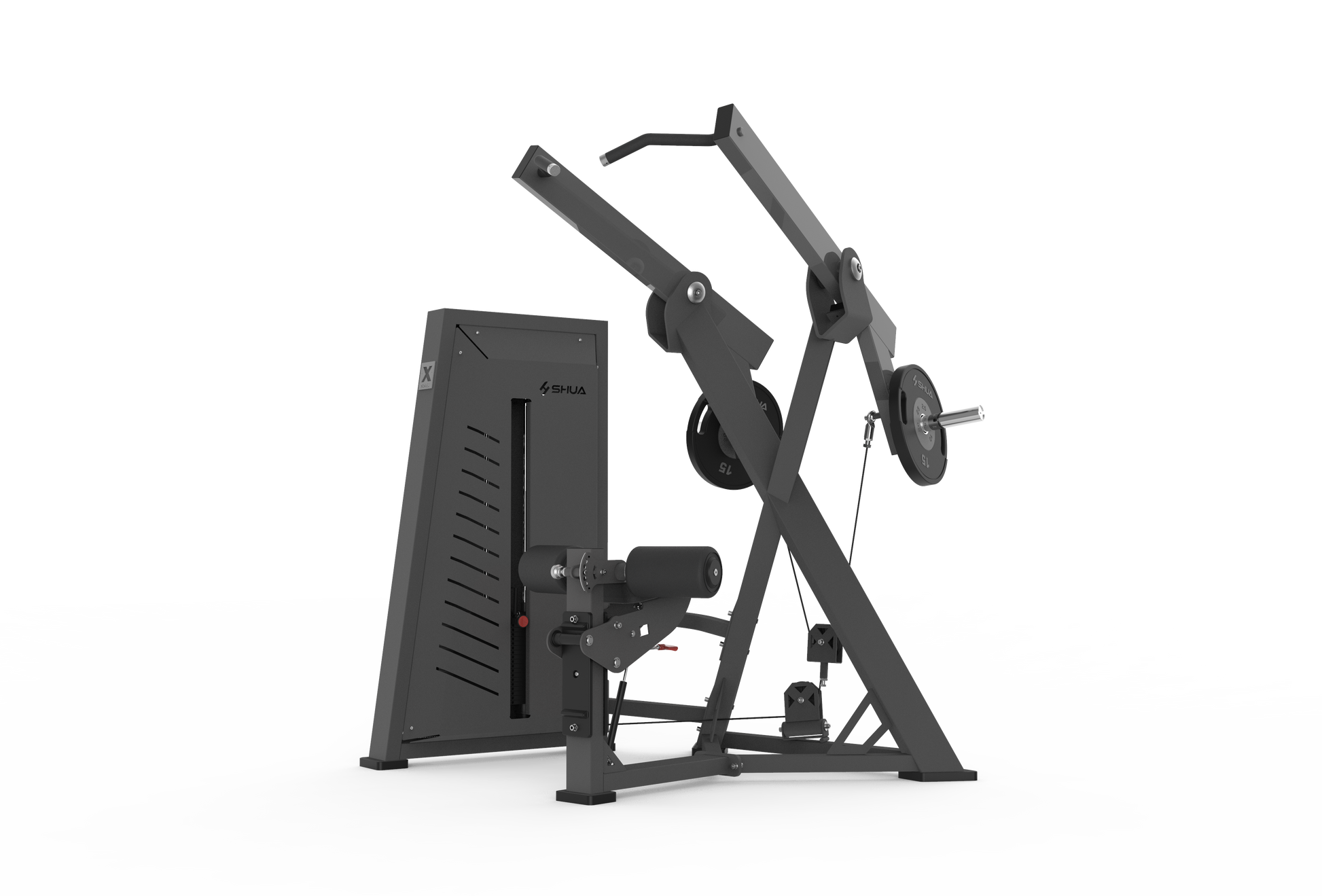 A black seated row machine with a steel frame and cables, designed for muscle building.