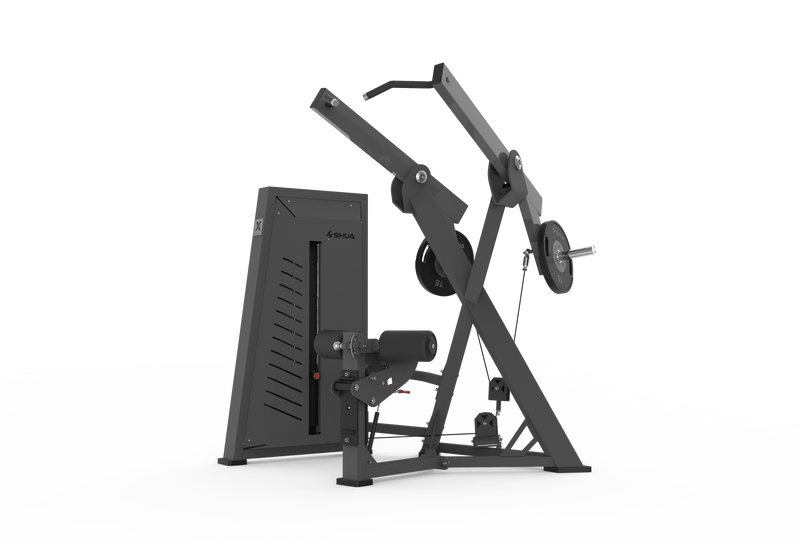 A black seated row machine with a steel frame and cables, designed for muscle building.