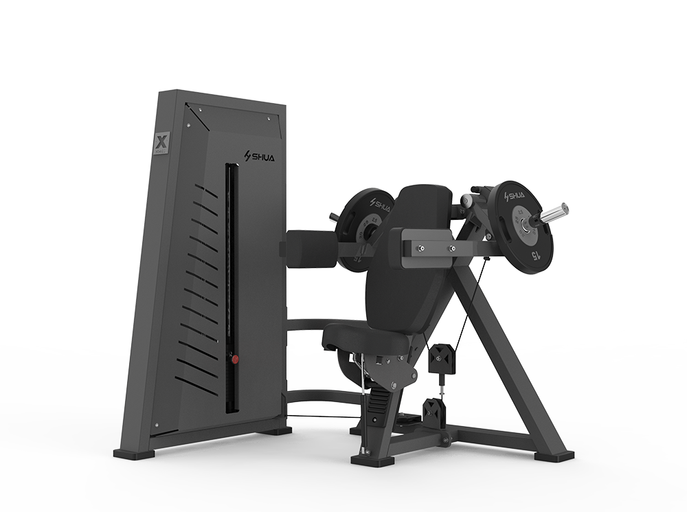 A black seated lateral lift machine with a steel wire rope, designed for strengthening shoulder muscles.