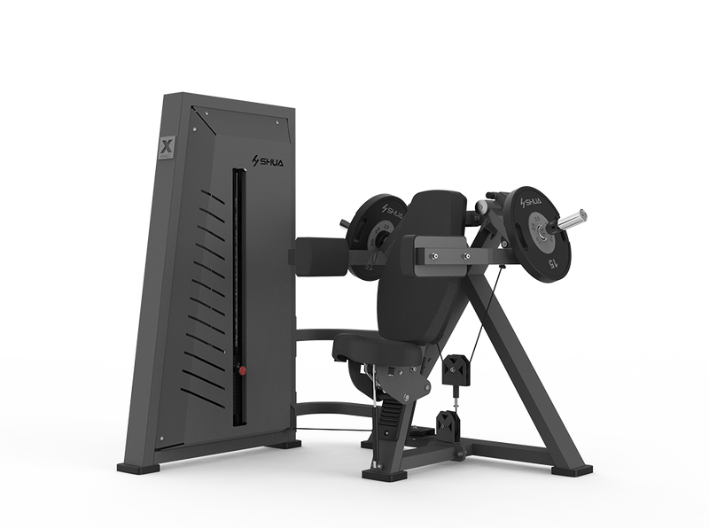A black seated lateral lift machine with a steel wire rope, designed for strengthening shoulder muscles.