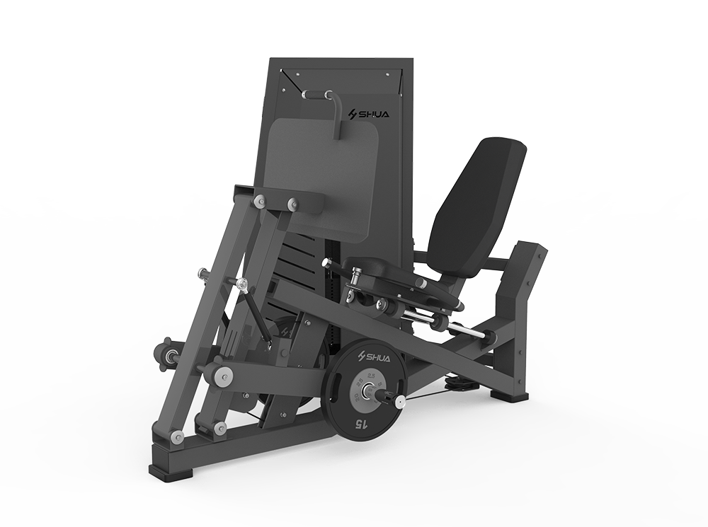 A gray leg press machine with a padded seat and a cable mechanism, branded with 'SHUA'.