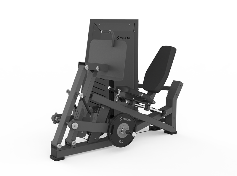 A gray leg press machine with a padded seat and a cable mechanism, branded with 'SHUA'.