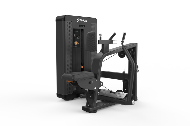 A black rowing machine with a digital display and multiple handles.