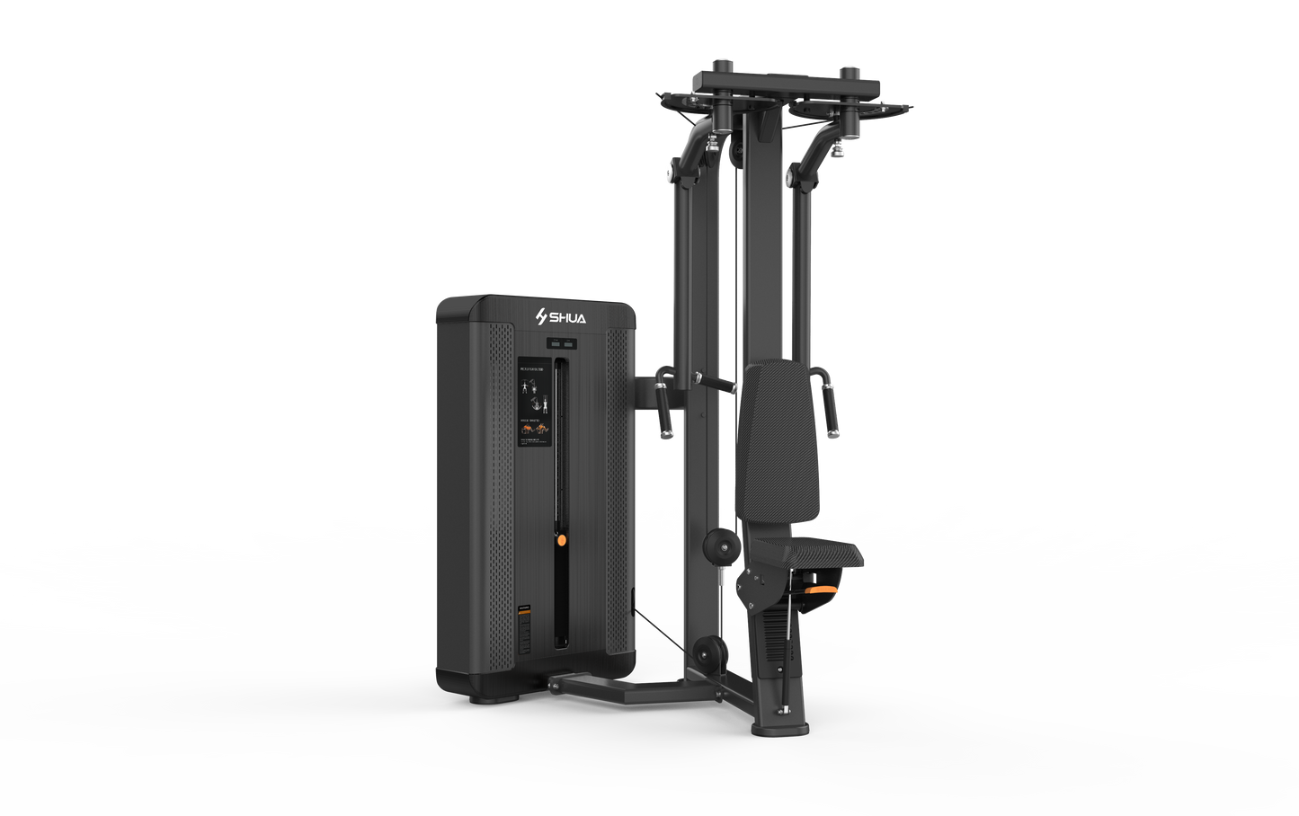 A black and gray pec deck or rear fly machine designed for strength training, featuring a steel frame and a seat.