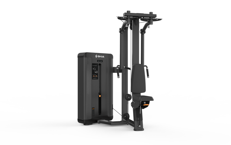 A black and gray pec deck or rear fly machine designed for strength training, featuring a steel frame and a seat.